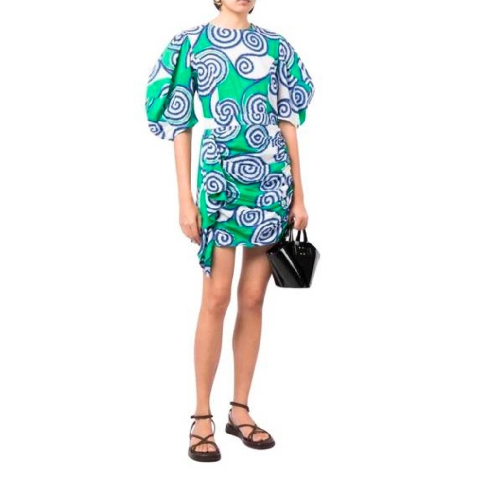 Rhode Women Green Blue Spiral Print Puff Sleeve Ruched Cotton Mini Dress 10